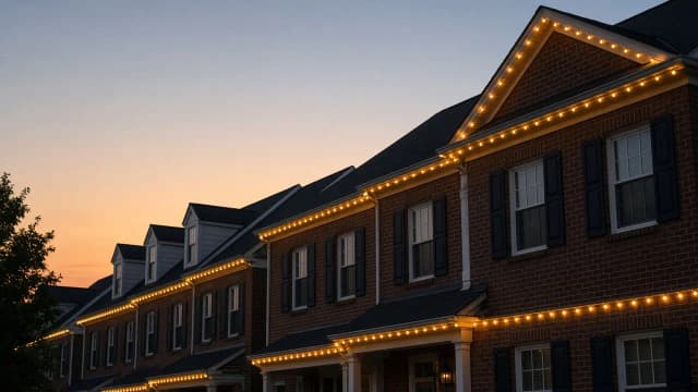 Diwali light installation in Arlington, VA by Light DMV — gold LED roofline close-up