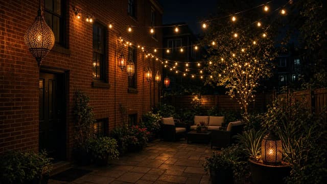 Diwali light installation in Arlington, VA by Light DMV — backyard patio lantern glow