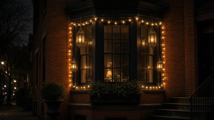 Diwali light installation in Arlington, VA by Light DMV — porch and window facade detail