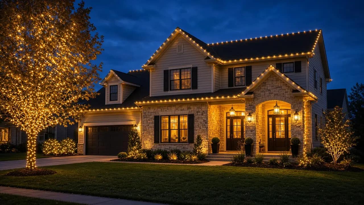 Diwali light installation in Ashburn, VA by Light DMV — dusk roofline hero with gold-amber LED