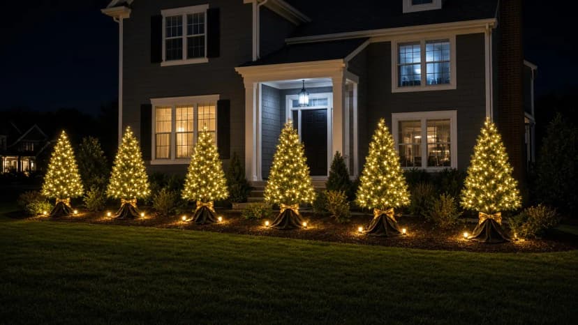Diwali light installation in Ashburn, VA by Light DMV — amber tree wraps beside the home