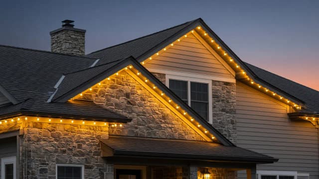 Diwali light installation in Ashburn, VA by Light DMV — gold LED roofline close-up