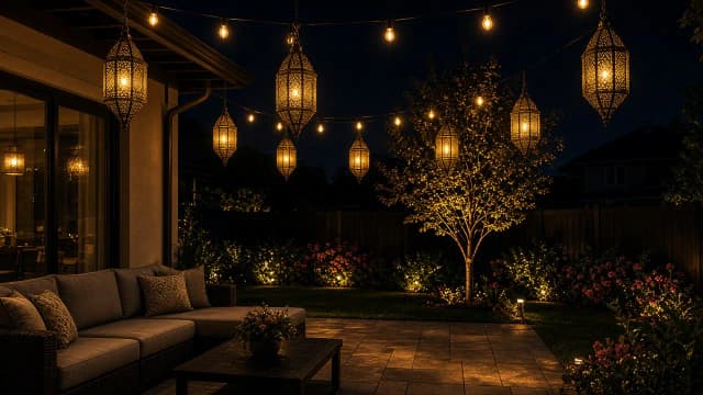 Diwali light installation in Ashburn, VA by Light DMV — backyard patio lantern glow