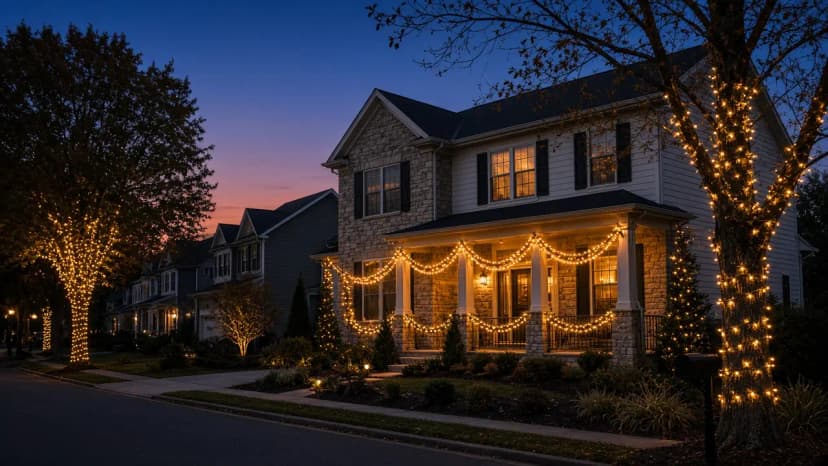 Diwali light installation in Ashburn, VA by Light DMV — driveway approach at dusk