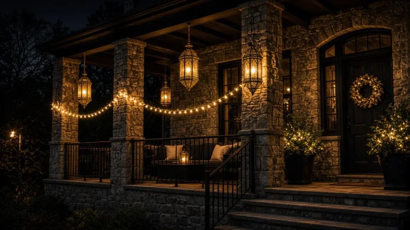 Diwali light installation in Ashburn, VA by Light DMV — porch and window facade detail