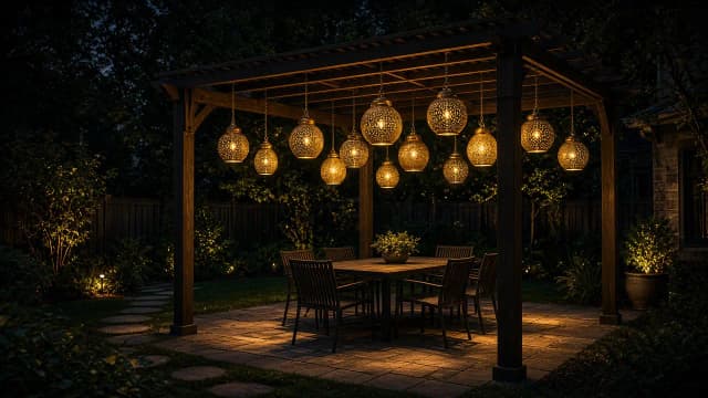 Diwali light installation in Ashburn, VA by Light DMV — pergola lantern canopy
