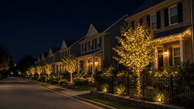 Diwali light installation in Ashburn, VA by Light DMV — neighborhood street at night