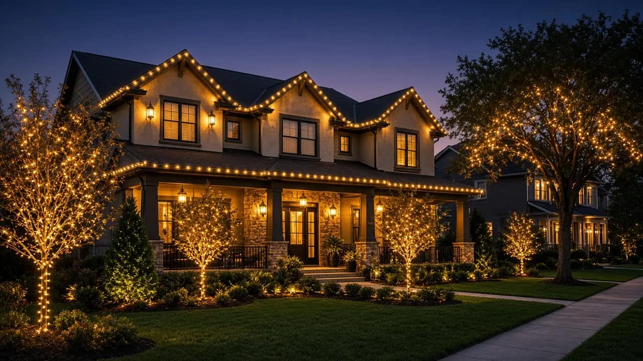 Diwali light installation in South Riding, VA by Light DMV — dusk roofline hero with gold-amber LED