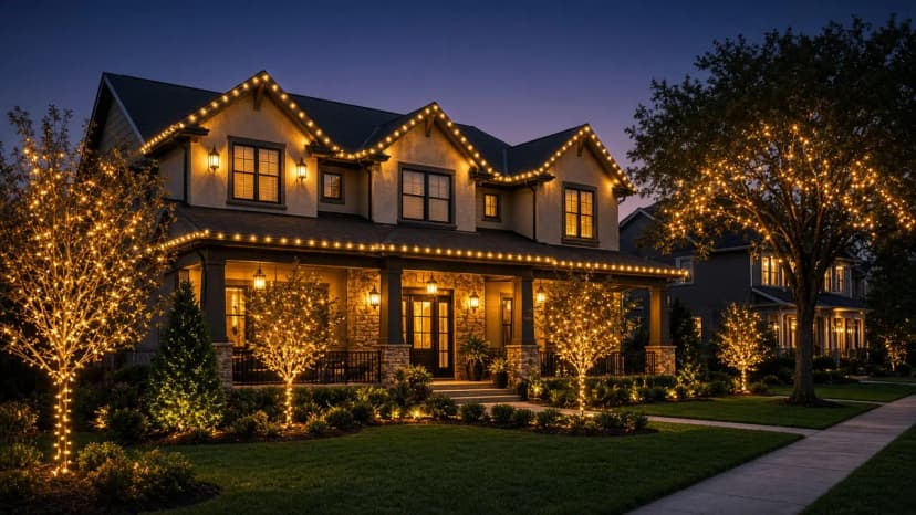 Diwali light installation in South Riding, VA by Light DMV — dusk roofline hero with gold-amber LED