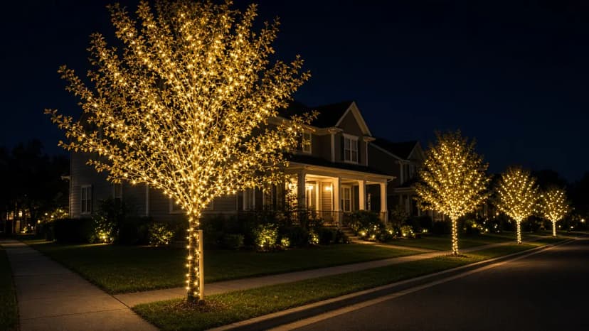Diwali light installation in South Riding, VA by Light DMV — amber tree wraps beside the home