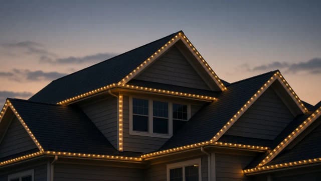 Diwali light installation in South Riding, VA by Light DMV — gold LED roofline close-up