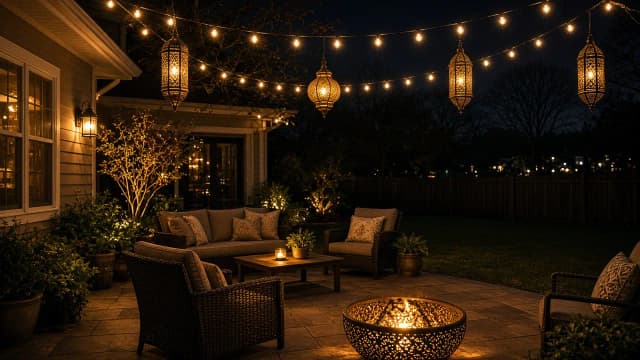 Diwali light installation in South Riding, VA by Light DMV — backyard patio lantern glow