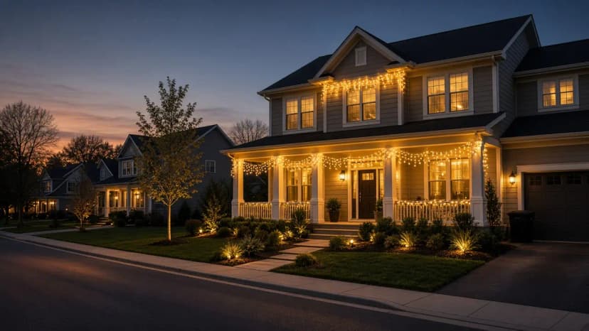 Diwali light installation in South Riding, VA by Light DMV — driveway approach at dusk