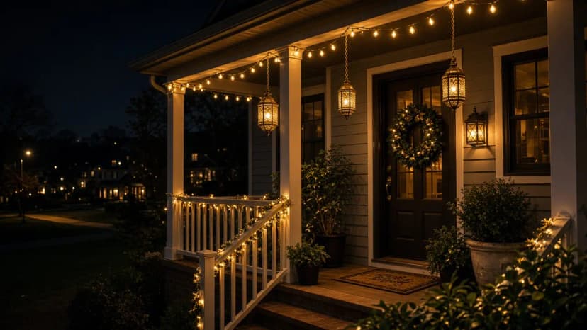 Diwali light installation in South Riding, VA by Light DMV — porch and window facade detail