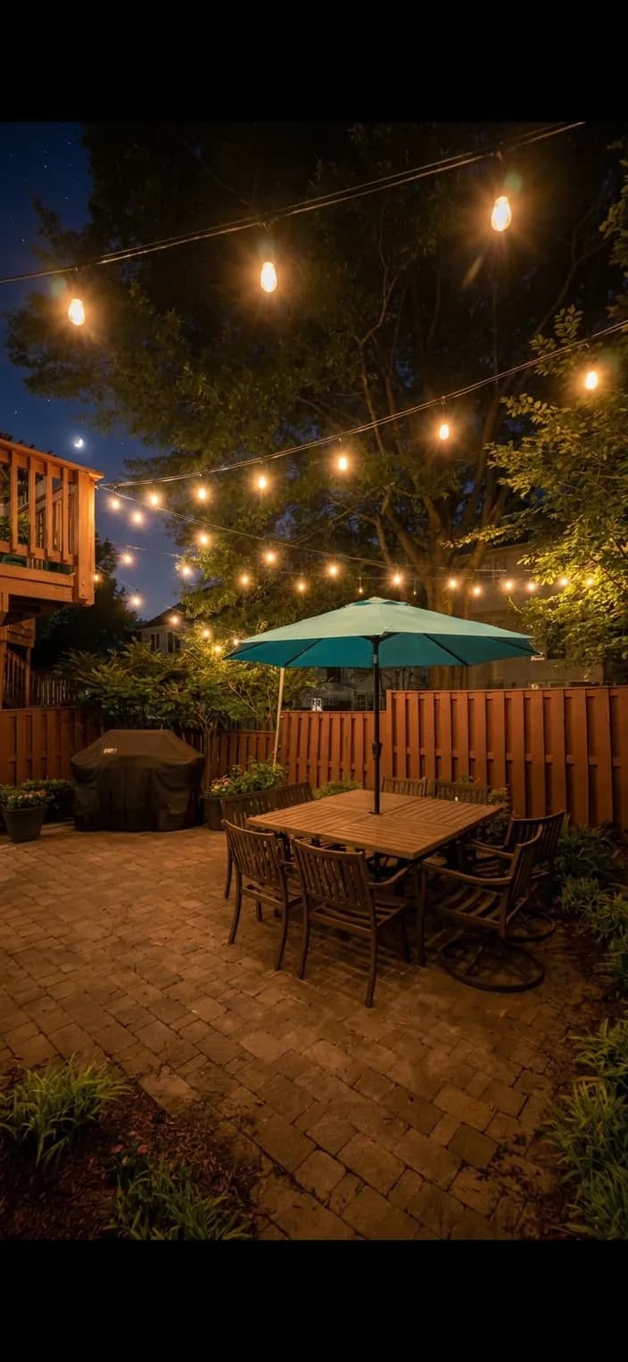 Bistro string lights pulled tight in a clean, even drape over a patio in the DMV by Light DMV