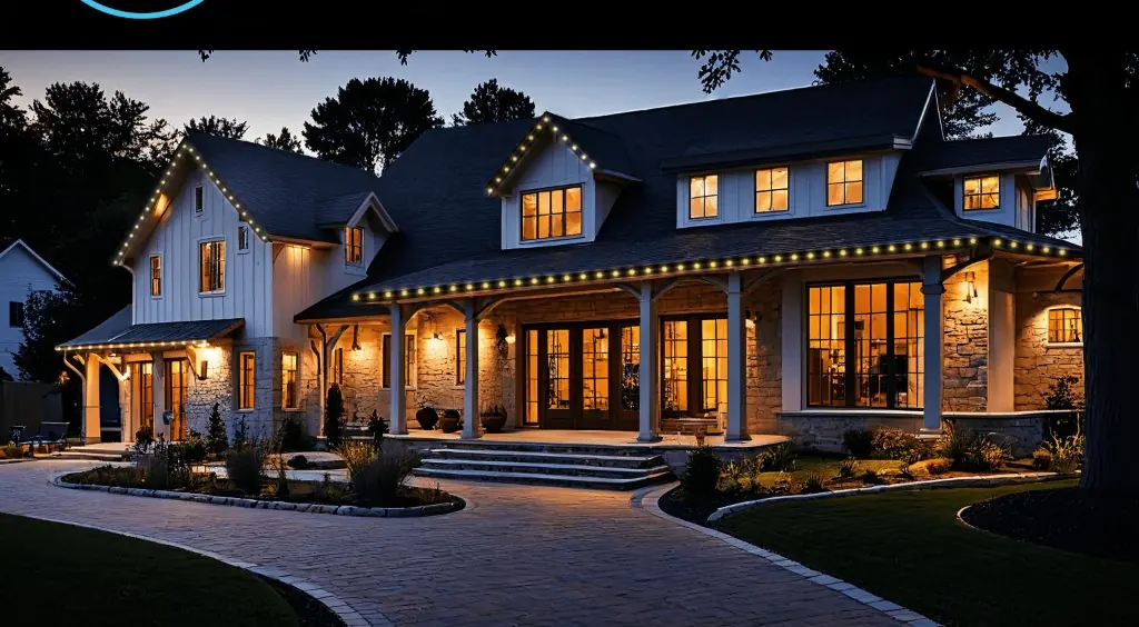 Modern home at dusk with subtle warm-white permanent LED roofline accent lighting installed by Light DMV — security and architectural accent mode.
