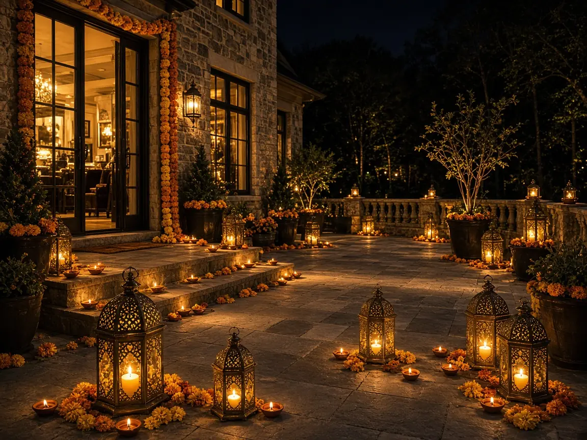 Diwali light installation in Aldie, VA by Light DMV — front entry hanging lanterns
