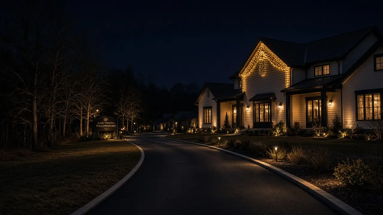 Diwali light installation in Aldie, VA by Light DMV — neighborhood street at night