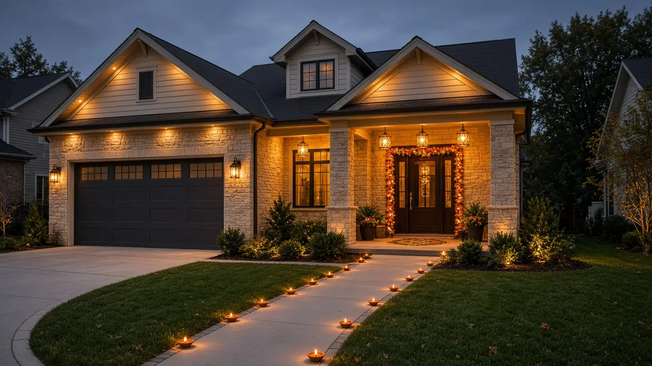 Diwali light installation in Ashburn, VA by Light DMV — dusk roofline hero with gold-amber LED