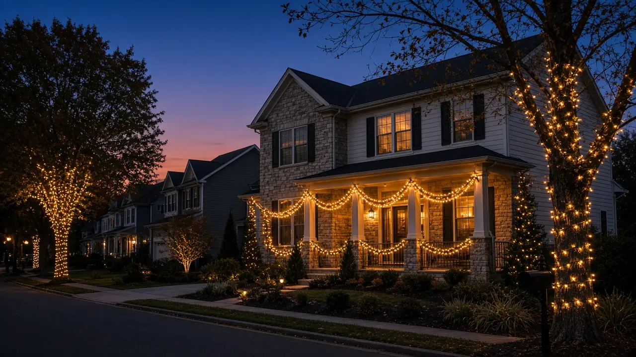 Diwali light installation in Ashburn, VA by Light DMV — driveway approach at dusk
