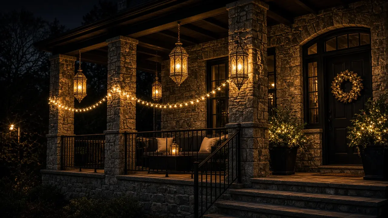 Diwali light installation in Ashburn, VA by Light DMV — porch and window facade detail