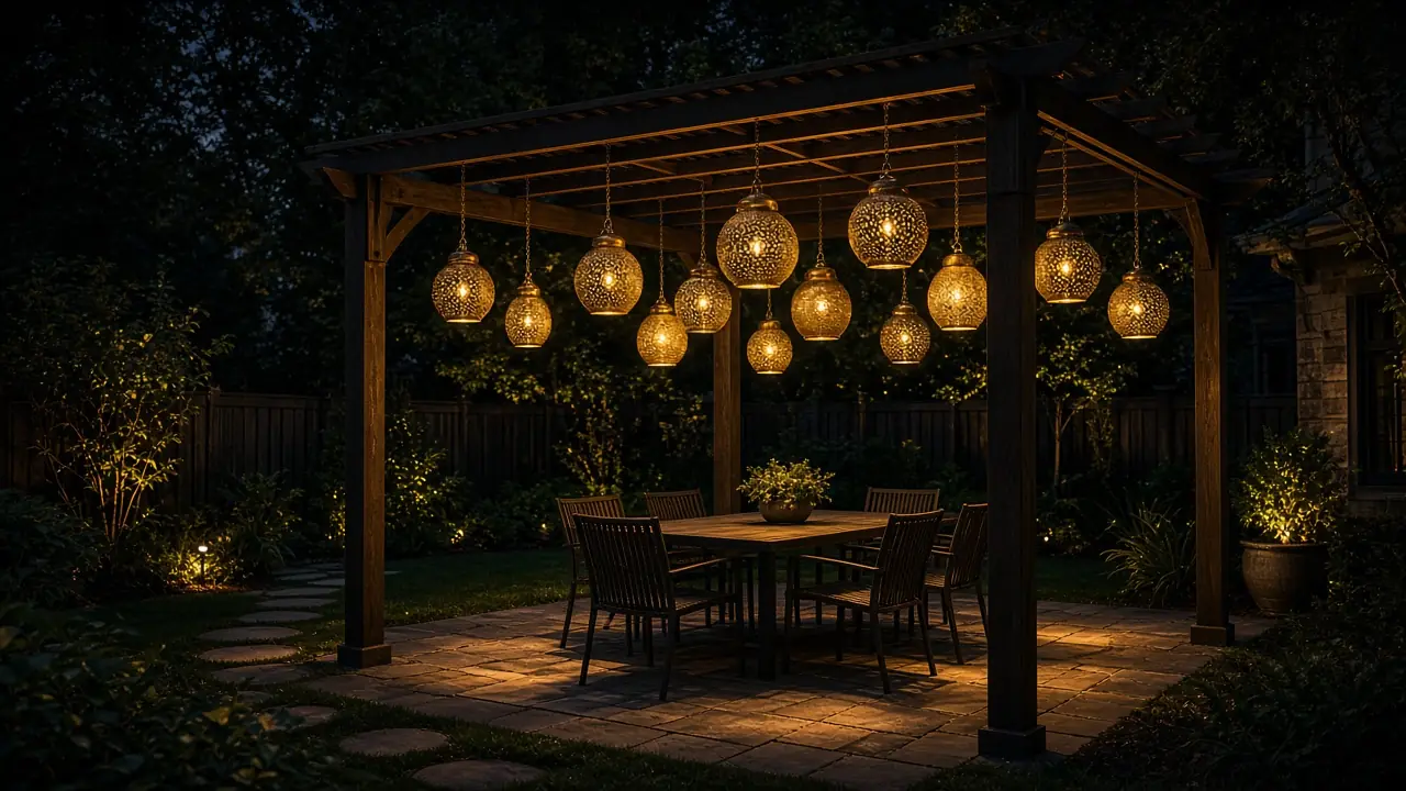 Diwali light installation in Ashburn, VA by Light DMV — pergola lantern canopy