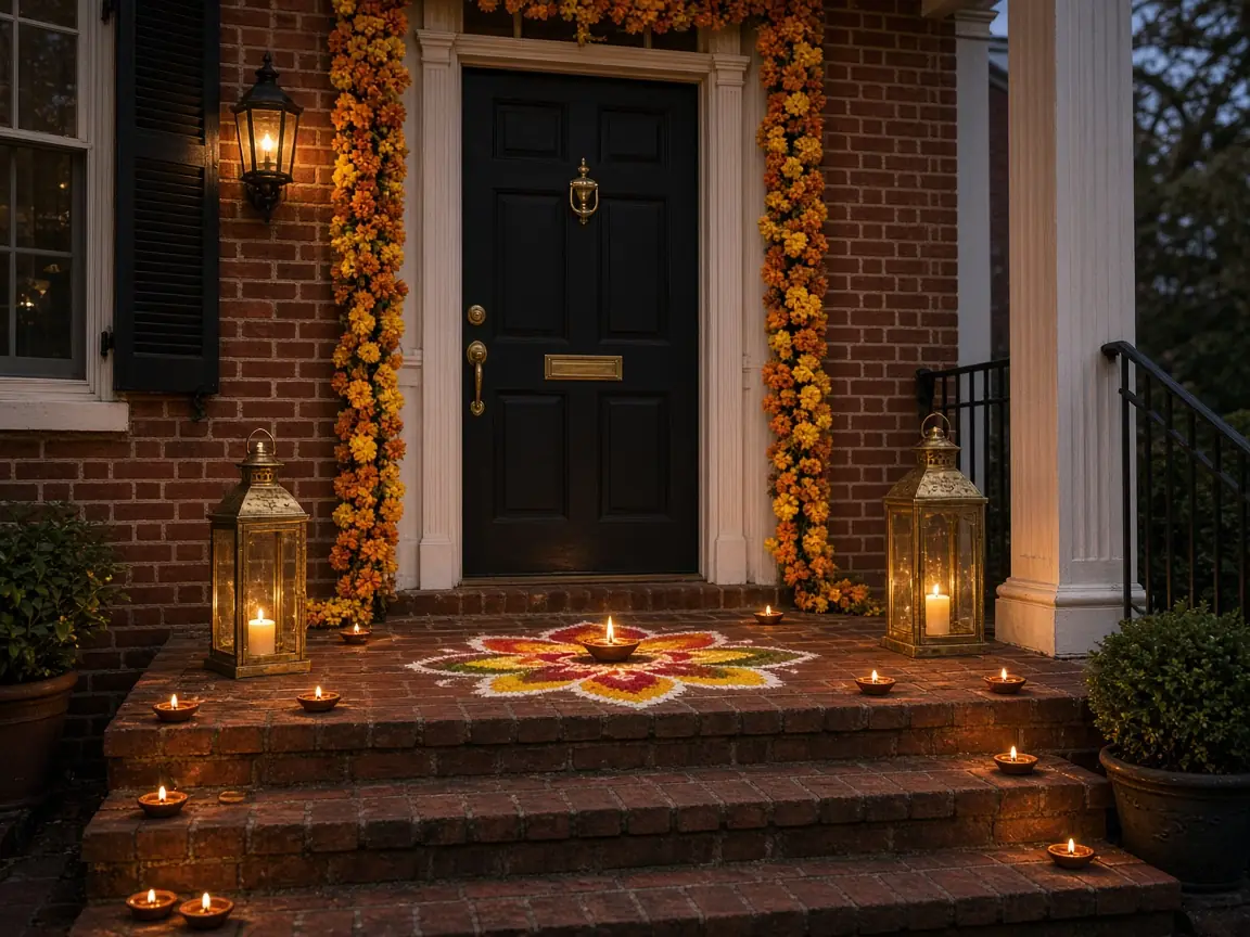Diwali light installation in Fairfax, VA by Light DMV — amber tree wraps beside the home