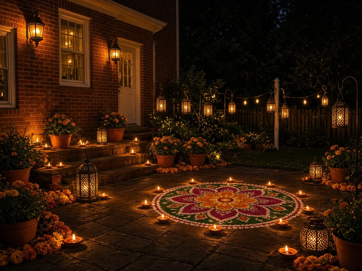 Diwali light installation in Fairfax, VA by Light DMV — front entry hanging lanterns