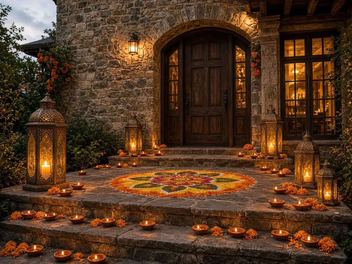 Diwali light installation in Great Falls, VA by Light DMV — amber tree wraps beside the home