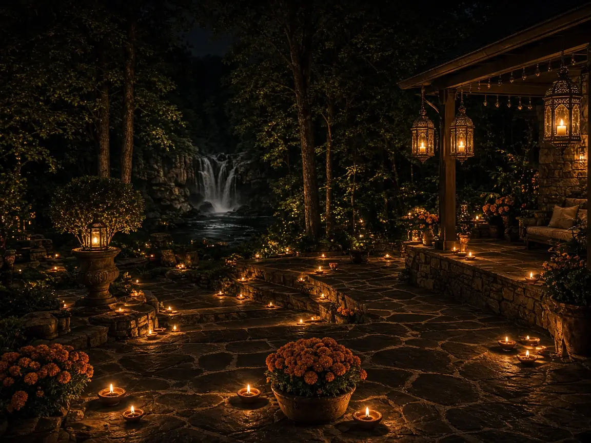 Diwali light installation in Great Falls, VA by Light DMV — front entry hanging lanterns
