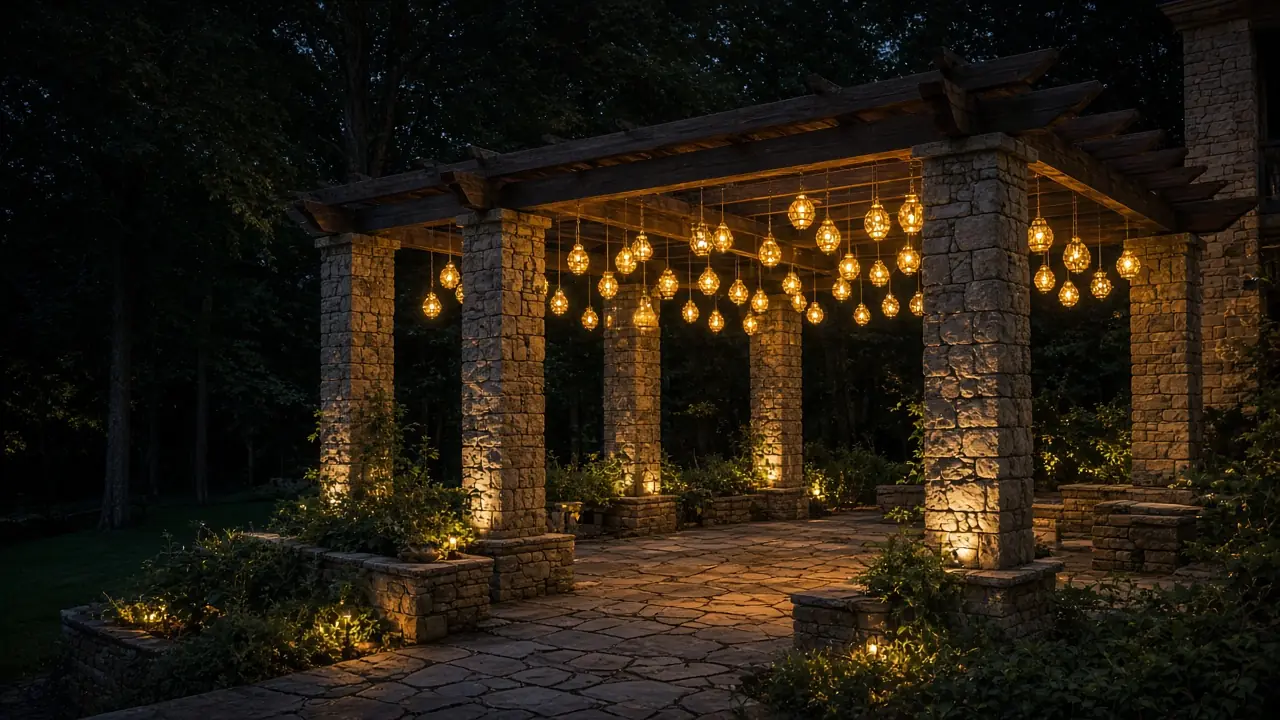 Diwali light installation in Great Falls, VA by Light DMV — pergola lantern canopy