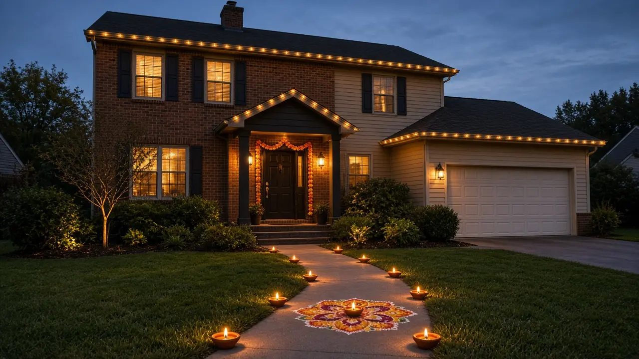 Diwali light installation in Herndon, VA by Light DMV — dusk roofline hero with gold-amber LED