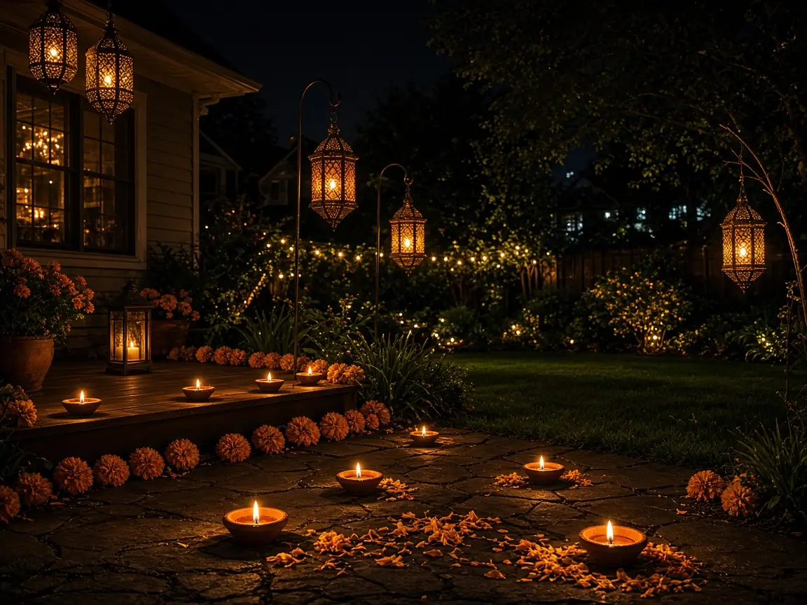 Diwali light installation in Herndon, VA by Light DMV — front entry hanging lanterns