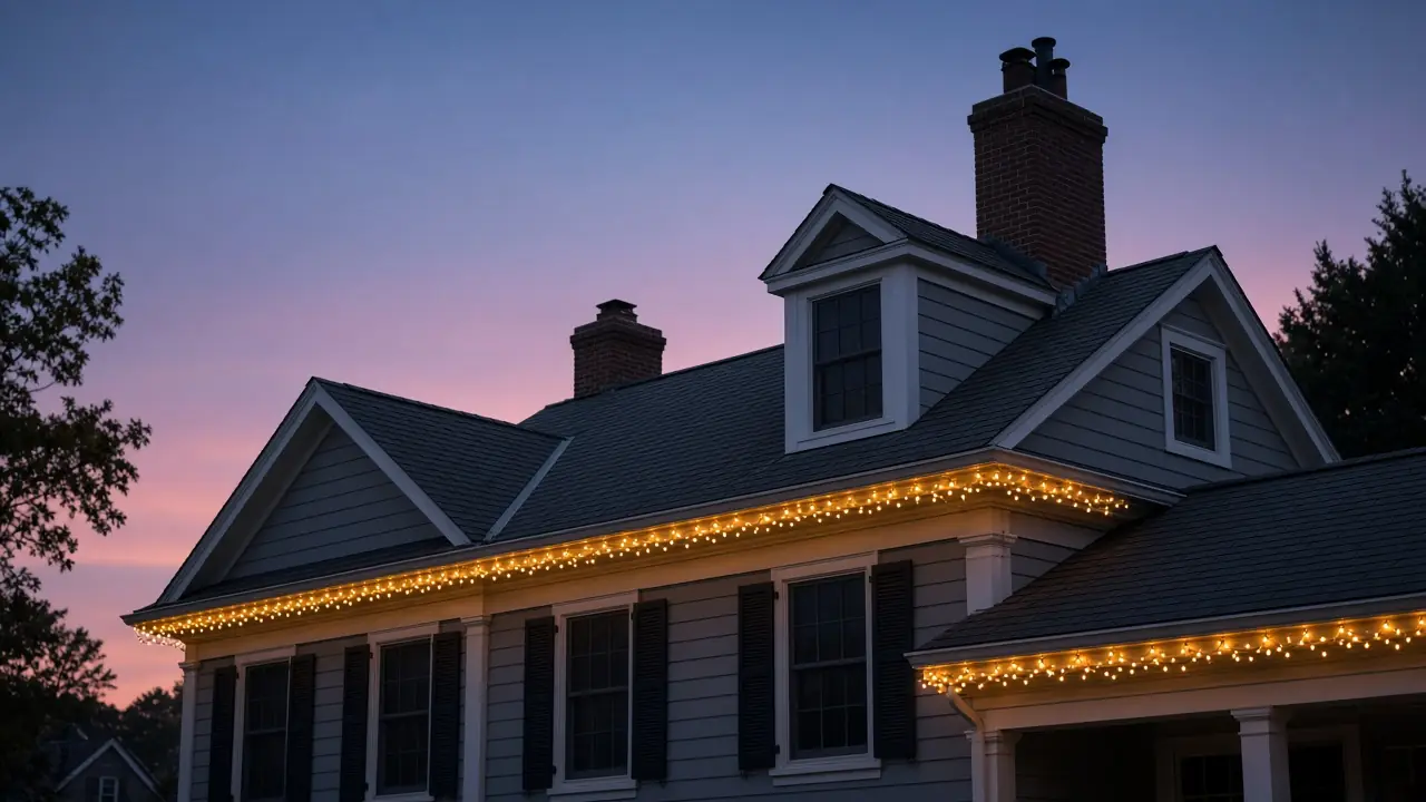 Diwali light installation in Herndon, VA by Light DMV — gold LED roofline close-up