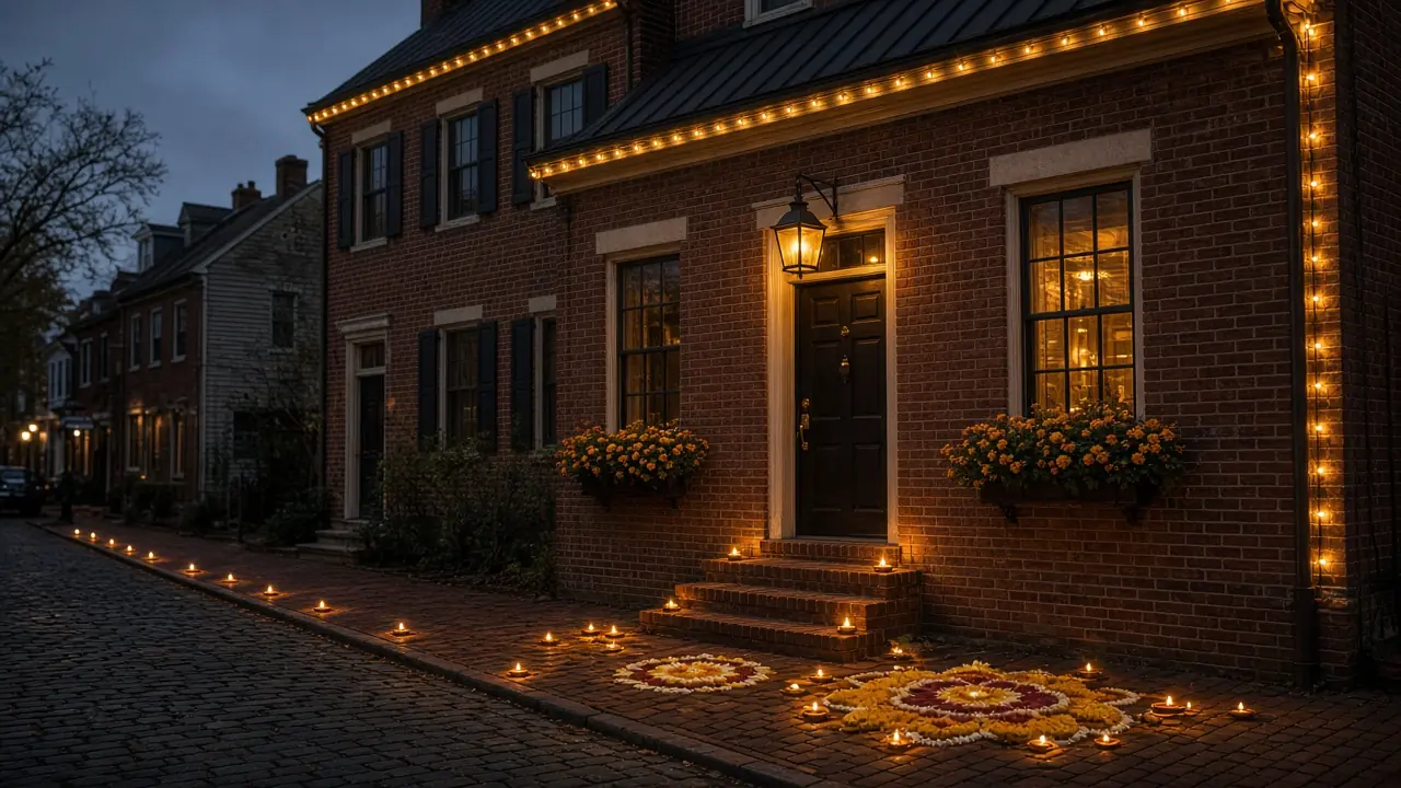 Diwali light installation in Leesburg, VA by Light DMV — dusk roofline hero with gold-amber LED
