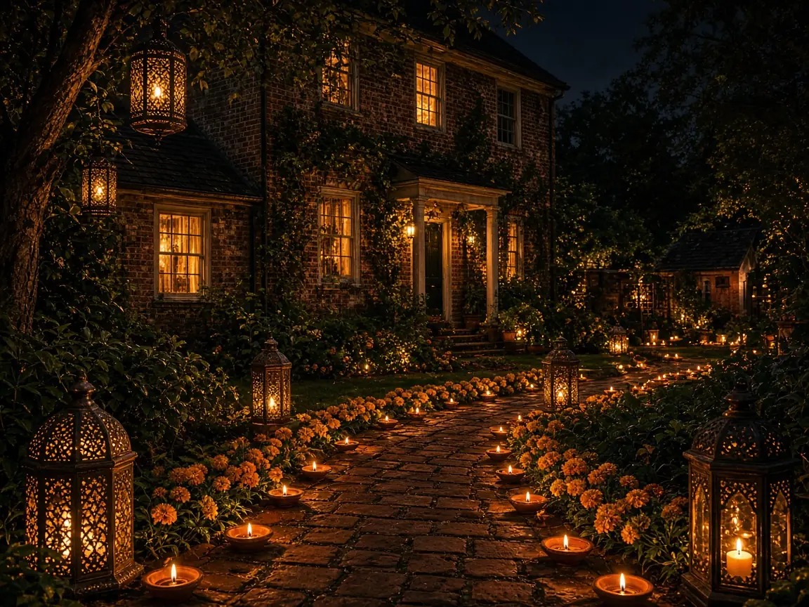 Diwali light installation in Leesburg, VA by Light DMV — front entry hanging lanterns