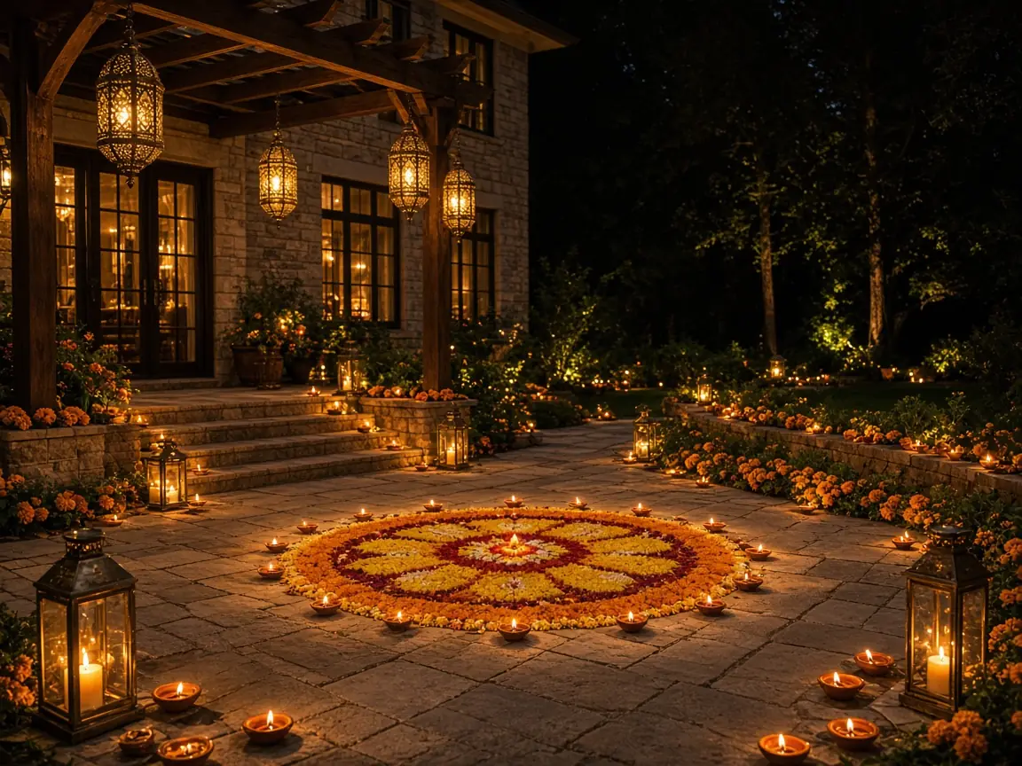 Diwali light installation in McLean, VA by Light DMV — front entry hanging lanterns