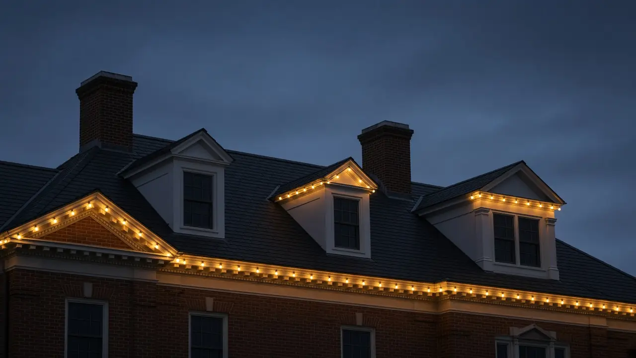 Diwali light installation in McLean, VA by Light DMV — gold LED roofline close-up