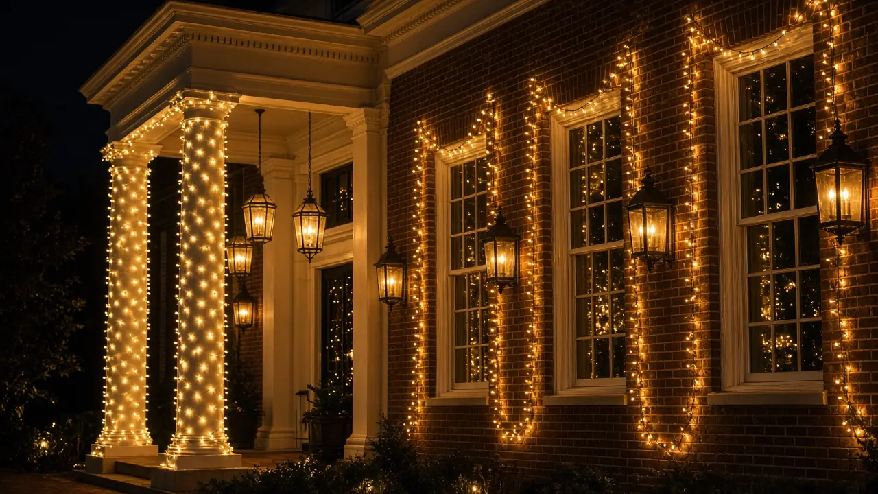 Diwali light installation in McLean, VA by Light DMV — porch and window facade detail