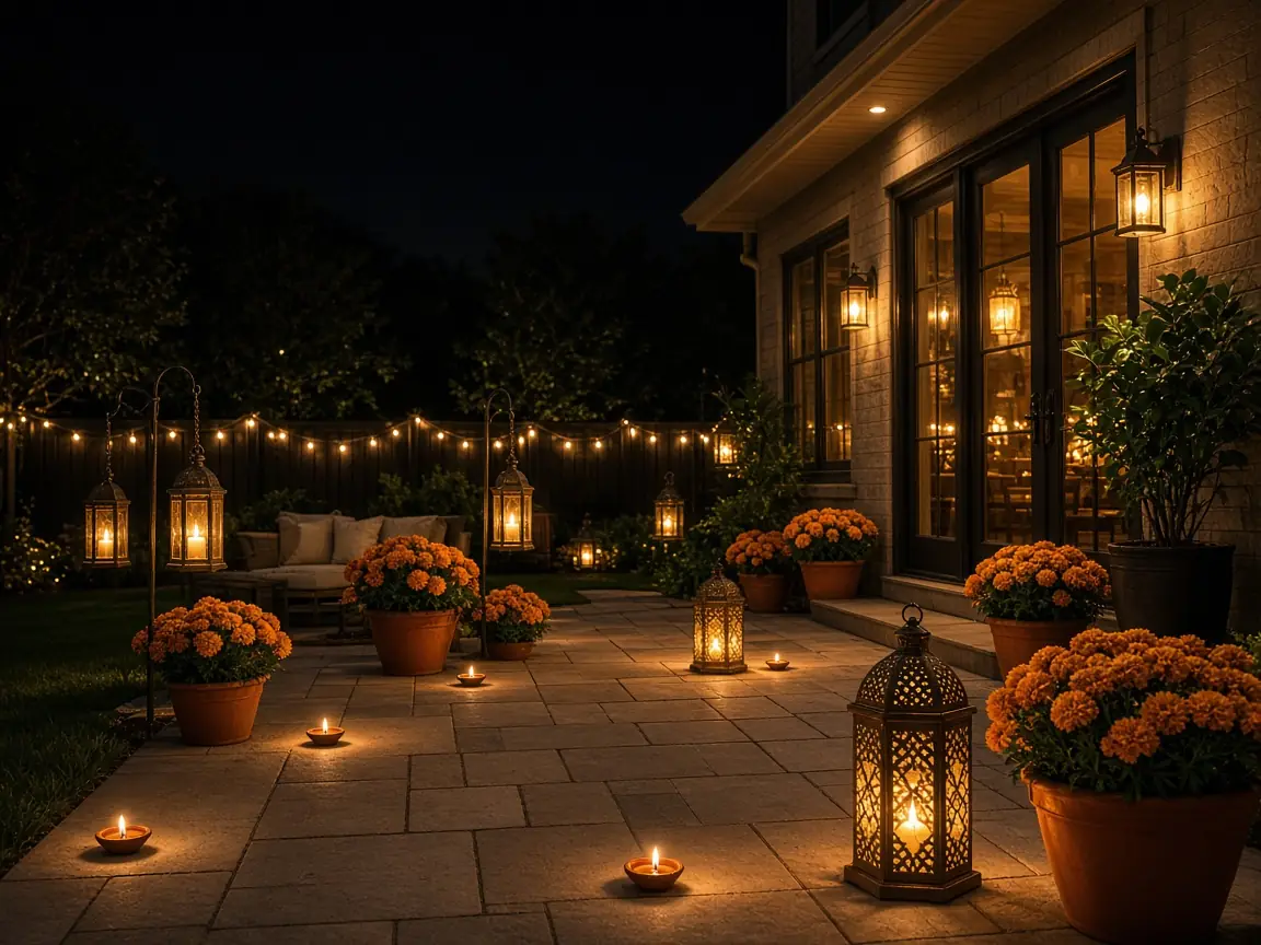 Diwali light installation in South Riding, VA by Light DMV — front entry hanging lanterns
