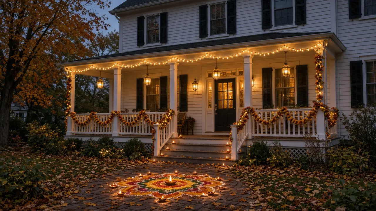 Diwali light installation in Vienna, VA by Light DMV — dusk roofline hero with gold-amber LED
