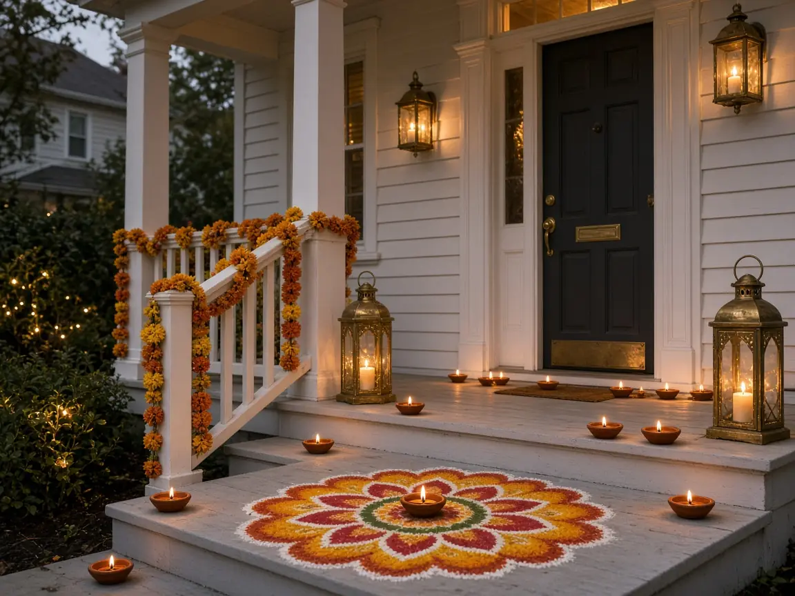 Diwali light installation in Vienna, VA by Light DMV — amber tree wraps beside the home