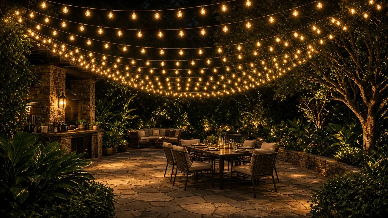 Warm Edison string lighting over a patio by Light DMV