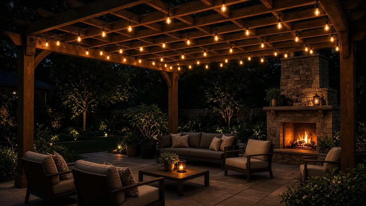 Bistro string lights over a backyard deck at night in the DMV by Light DMV