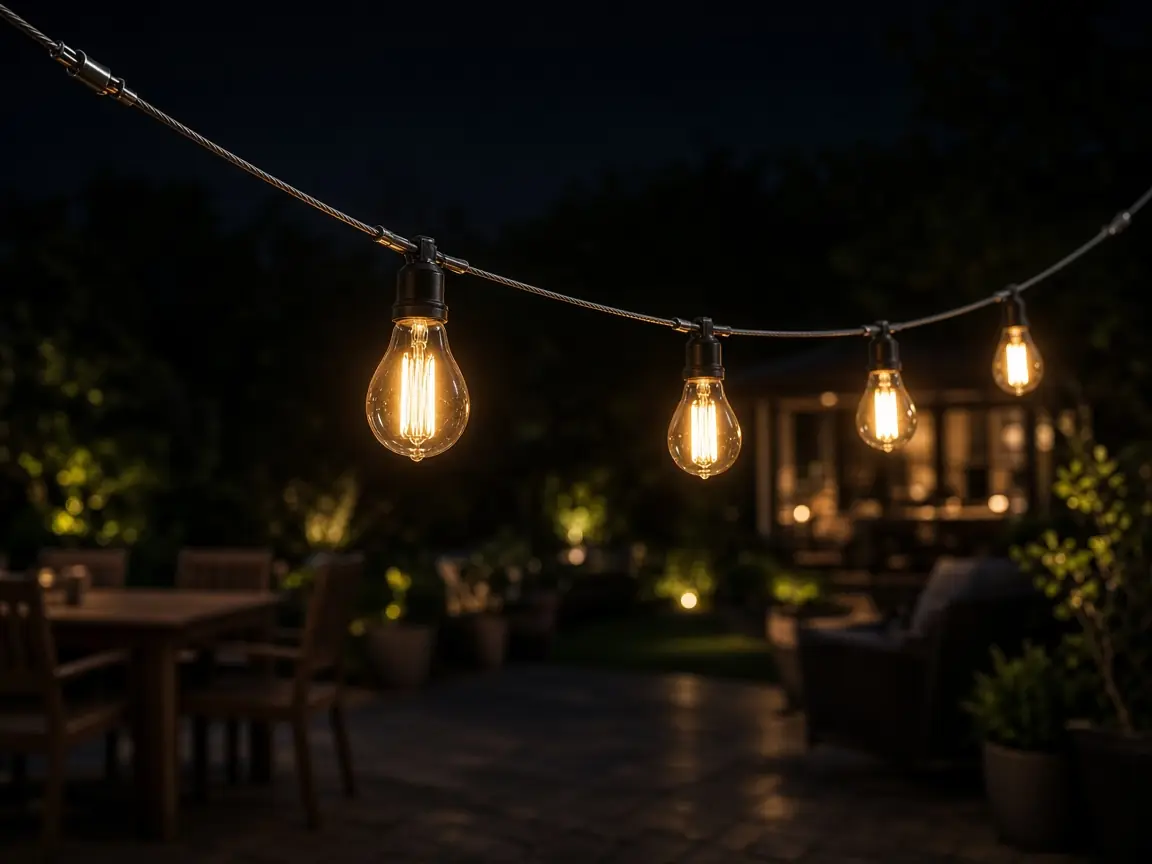 Bistro string lights pulled tight in a clean, even drape over a patio in the DMV by Light DMV
