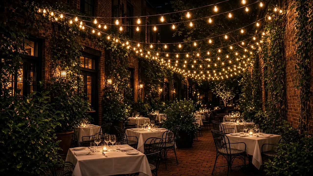 Restaurant courtyard with cafe string lighting in the DMV by Light DMV
