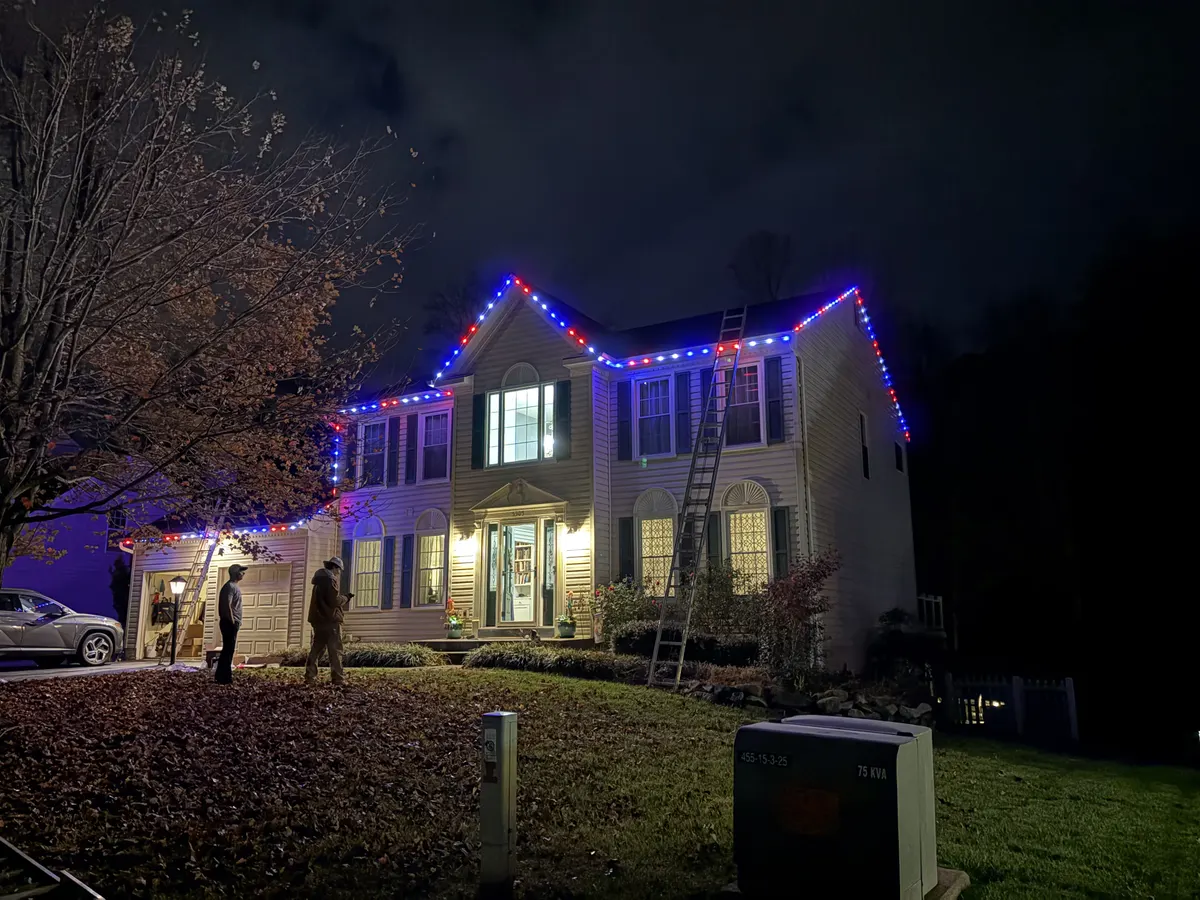 Permanent LED roofline lighting in Leesburg, VA by Light DMV — app-controlled night scene