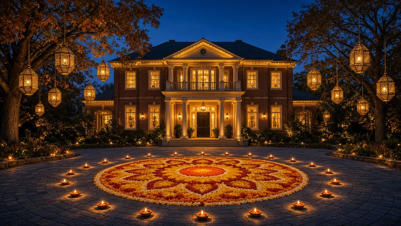 Diwali light installation in the DMV by Light DMV — gold-warm festival roofline
