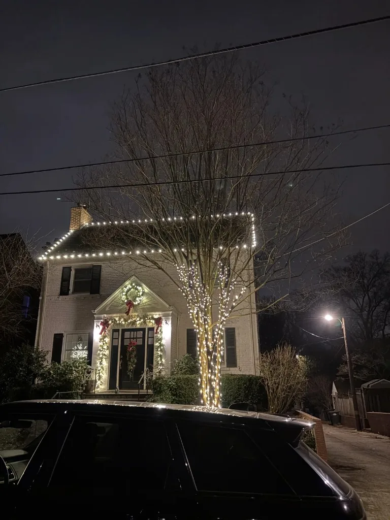 Christmas light installation in the DMV — warm white install with front-yard decor